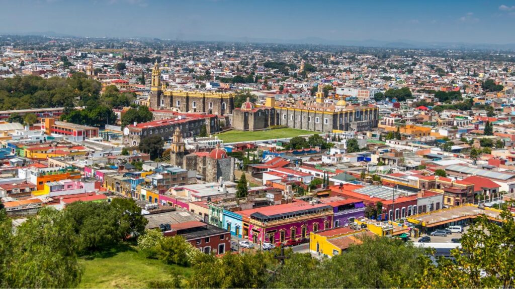 The view of the colourful town of Cholula from the top of the Great Pyramid.